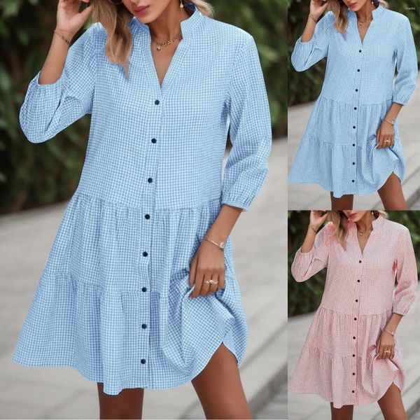 Vestidos casuais feminino verão elegante decote em v botão para baixo sete pontos manga mini vestido xadrez impressão solta camisa fluida