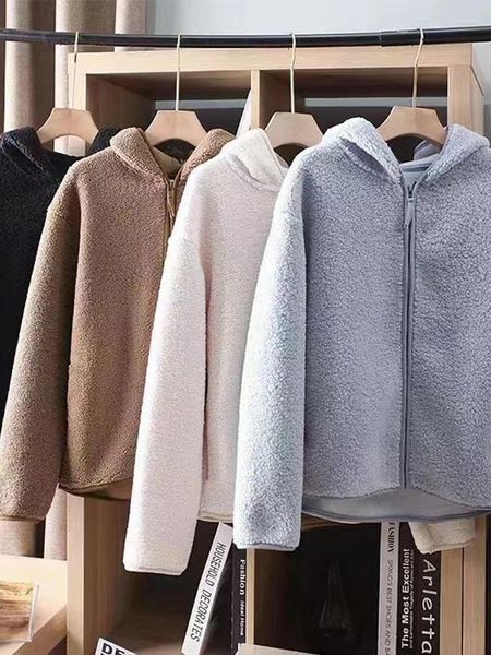 Damenjacken Herbst Winter Polar Fleece Kapuzenjacke Trendy Street Plus Samt Lose Lässige Warme Imitation Lammhaar Mäntel mit Reißverschluss