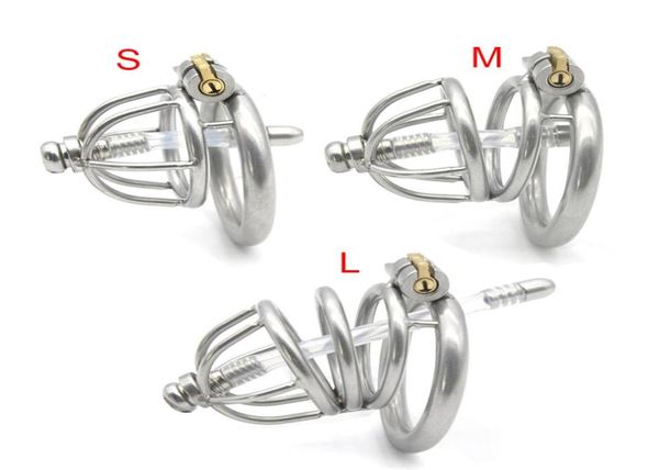 3 estilos de bloqueio dormente design masculino aço inoxidável gaiola pênis anel cinto dispositivo com cateter sílica bondage bdsm sexo brinquedo2941490