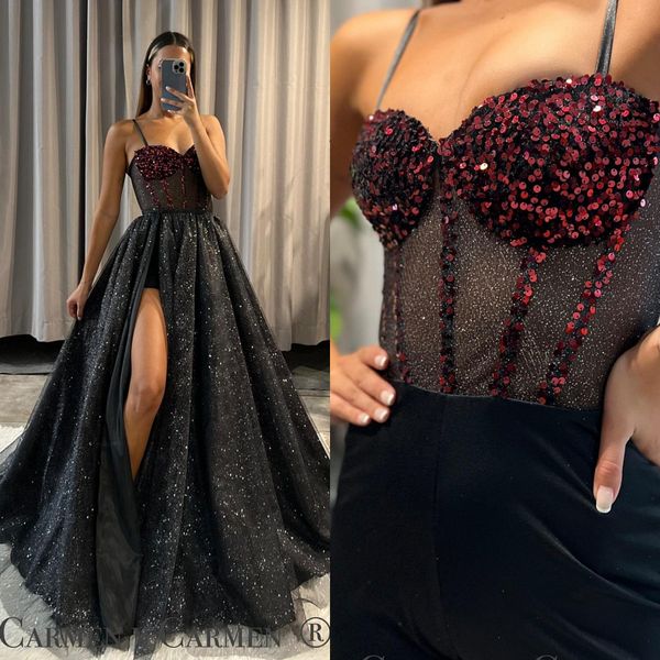 Sexy schwarzes Ballkleid in A-Linie mit hohem Schlitz, Illusions-Abendkleider, elegantes, glitzerndes Knochenmieder, burgunderrote Pailletten, Top-Partykleider für besondere Anlässe, Abschlussballkleid