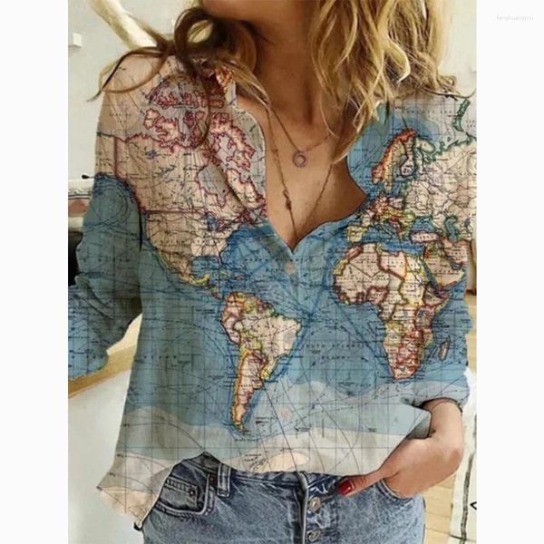 Kadın bluzları pamuk keten bluz haritası yıldızı dijital 3D baskı bayanlar yaka düğmesi hırka aşağı gömlek 2024 yaz gömlekleri