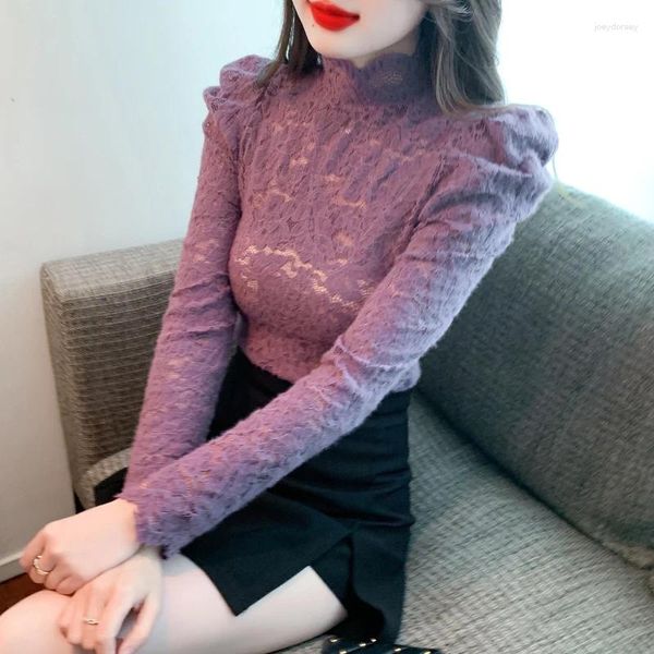 Blusas femininas primavera outono inverno camisa de renda coreana temperamento escovação mangas compridas meia gola alta manga bufante blusa feminina tops 262g