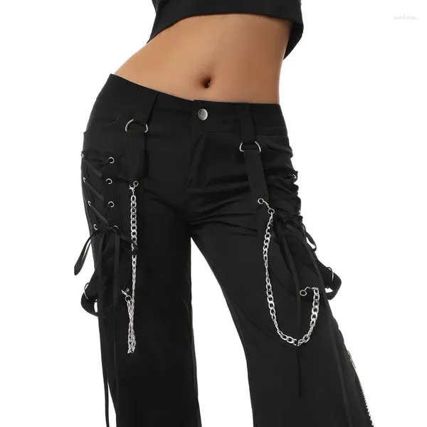 Pantaloni da donna WPNAKS Pantaloni a gamba larga da donna Adulti Stile punk Cravatta a vita bassa Pantaloni sportivi tinta unita Abbigliamento femminile Streetwear