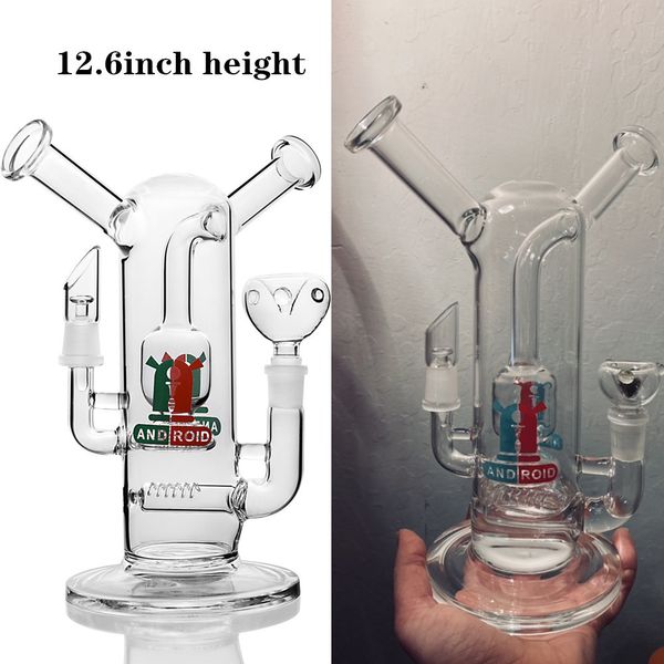 Doppio bocchino in vetro Narghilè Bong Dab Rig Bubbler Pipa ad acqua per fumatori con diffusore Perc 14 mm Giunti Riciclatore Bruciatore a olio