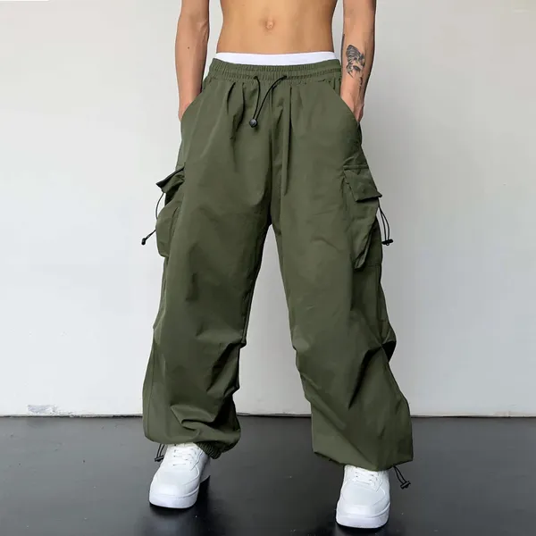 Calças masculinas mens casual cintura calças esportivas tecido multi bolso pé corda sólida calça streetwear homens carga