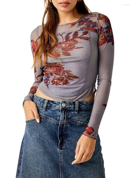 Kadın Tişörtleri Mxiqqpltky Kadınlar Seksi Y2K üstlerinde görmek uzun kolu yüksek boyun ince takılmış dantel şef