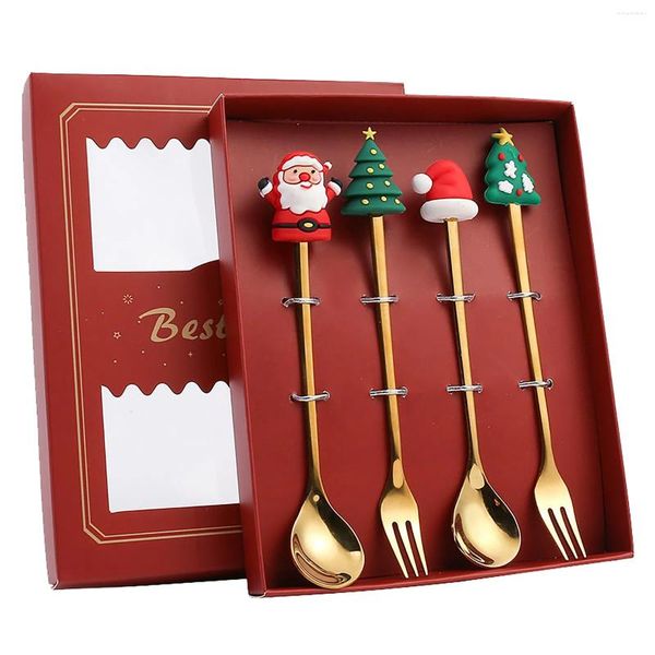 Geschirr-Sets, Weihnachtsgeschirr-Set, Edelstahl, Löffel, Geschenk, Dessertgabel, Kaffee, runder Tischläufer, Teller, Matte, 4 Stück