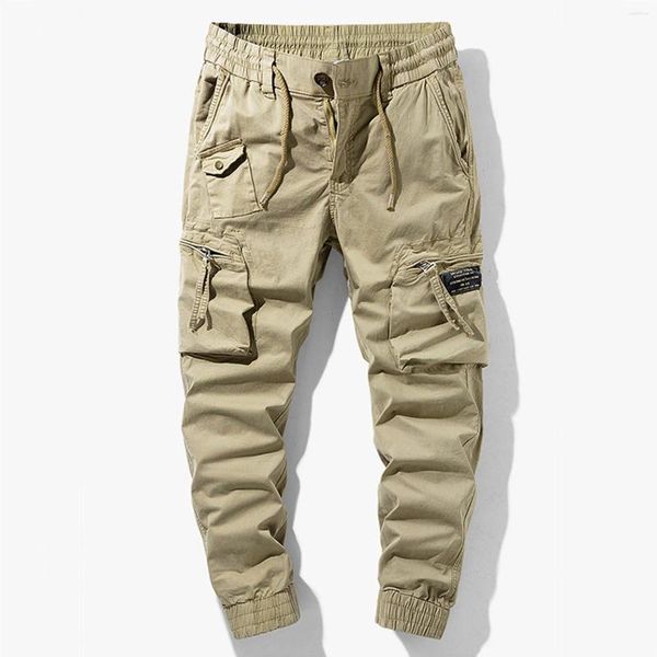 Pantaloni da uomo Pantaloni cargo da uomo alla moda in tinta unita con tasche multiple Pantaloni da jogging in puro cotone con bordino in vita elastica Casual