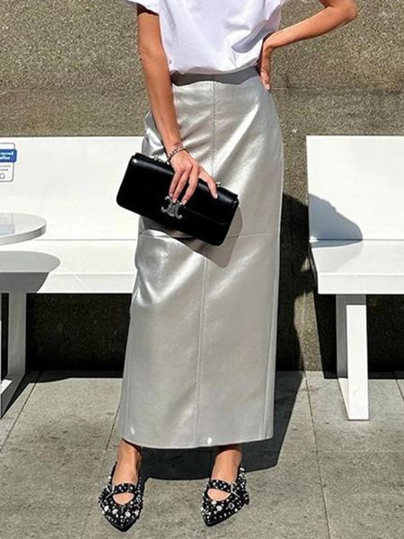 Юбки, модная элегантная золотая искусственная кожа для женщин, 2024, офисная длинная юбка с высокой талией, повседневная классическая женская одежда