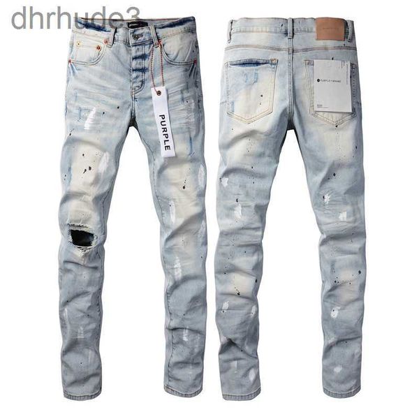 Jeans di marca viola Pantaloni da uomo in denim blu con foro rotto High Street Pantaloni lavati slim fit effetto consumato WT6T