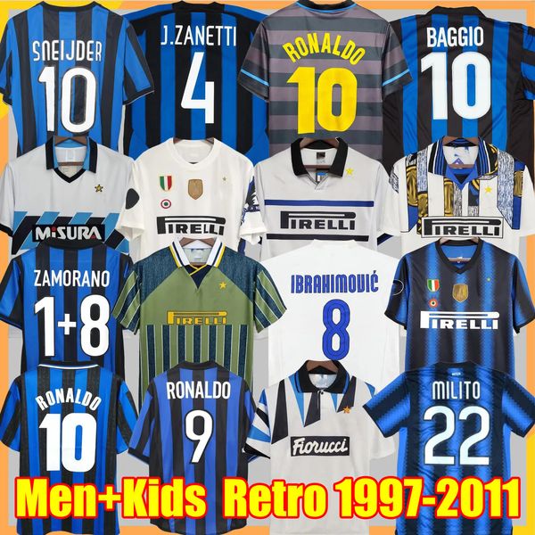 Inters Milans retro futbol formaları Ronaldo Crespo Adriano 97 98 99 00 03 04 07 08 09 2010 2011 Finaller Milito Sneijder J.Zanettti Vintage Erkekler Kids Klasik Futbol Gömlek