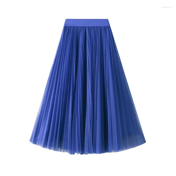 Юбки, плиссированная юбка из тюля, женская юбка трапециевидной формы с высокой талией, винтажная длинная однотонная милая газовая юбка Jupe Faldas Largas