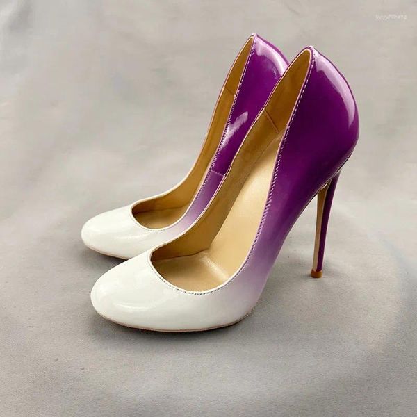 Sapatos de vestido gradiente roxo-branco redondo dedo do pé mulheres deslizamento em bombas super saltos altos sexy festa de casamento senhoras ponto