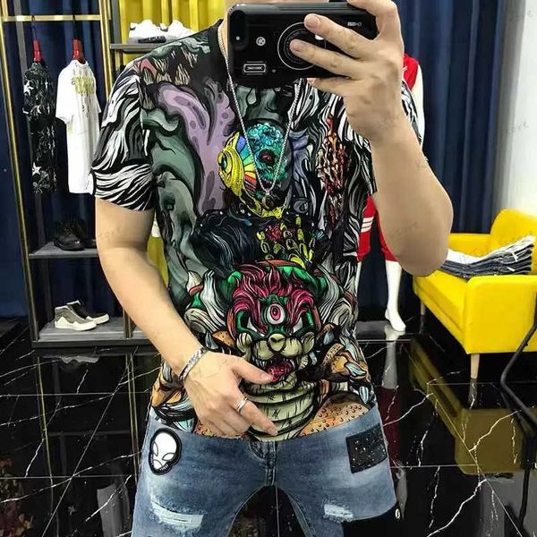 Herren-T-Shirts, trendige und stilvolle Kurzarm-Luxus-Männer im koreanischen Stil, Harajuku-T-Shirt, Tierdruck, Rundhalsausschnitt, Übergröße 4XL, Tops für den Sommer T240126