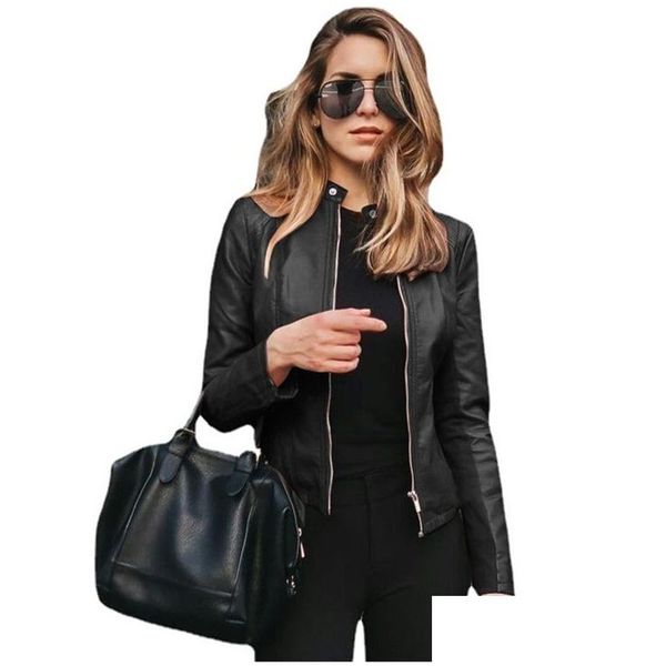 Veste en simili cuir femme classique Moto Biker coupe ajustée veste en simili cuir femme Pu Leater printemps automne manteau de base à fermeture éclair extérieur Otxae