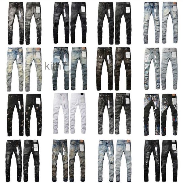 Herren Lila Jeans Designer Mode Distressed Ripped Bikers Damen High Street Marke Patch Loch Denim Cargo für Männer Schwarze Hosen IS27