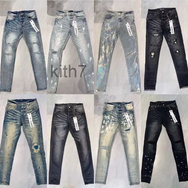 Jeans viola Pantaloni da uomo Designer Adesivi skinny neri Lavaggio chiaro Strappato Moto Joggers Rock Revival True Religions Men 0DQH