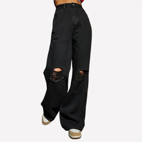 Jeans femininos calças jeans 2024 rasgado buraco lavado perna larga mulheres soltas namorado mãe calças casuais preto