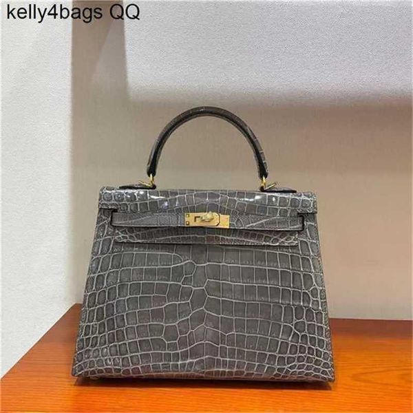 Designer-Handtasche aus Krokodilleder, handgefertigt, 7A-Rindsleder, Damenleder, 25 cm, echte graue Farbe mit qqPYV2SW70VAVF