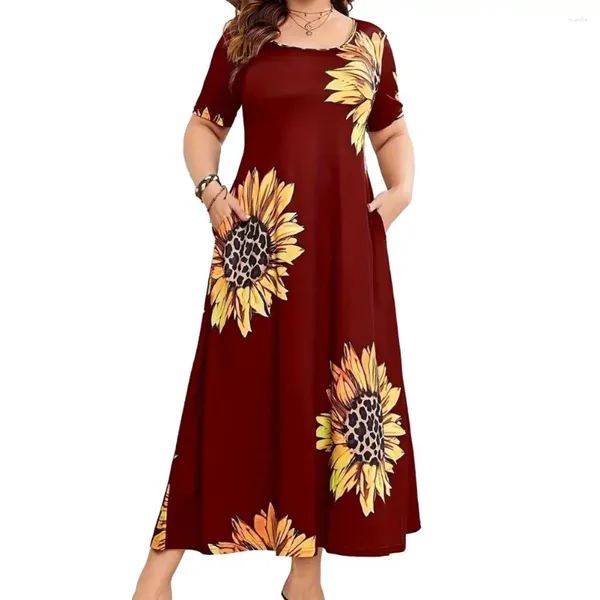 Lässige Kleider, A-Linie, Maxirock, Kleid, atmungsaktiv, Polyesterfaser, Sonnenblumen-Druck für Damen, mit kurzen Ärmeln hoch