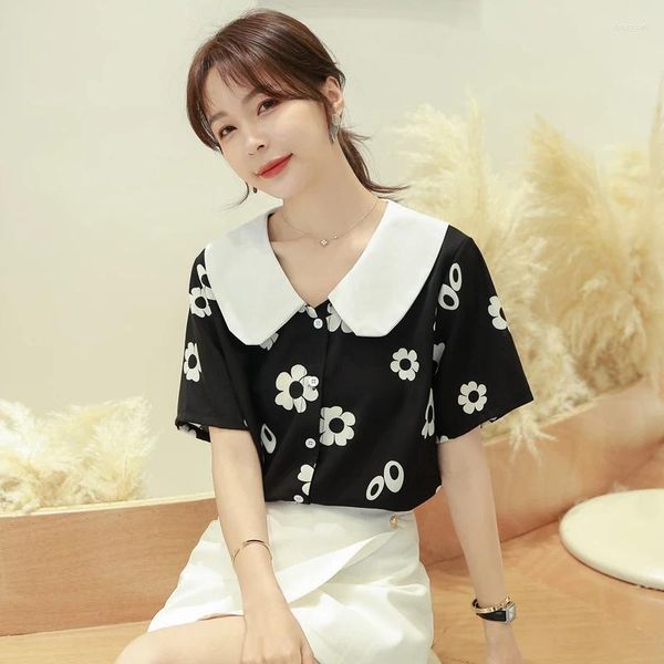 Frauen Blusen 2024 Sommer Elegantes Hemd Weibliche Mode Stil Puppe Neck Schwarz Bluse Damen Blume Drucken Kurzarm Top MQ258