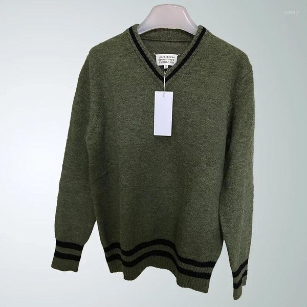 Suéteres masculinos mmsix 2024 chegada lã v-pescoço listrado camisola para homens e mulheres casual solto exército verde pulôver