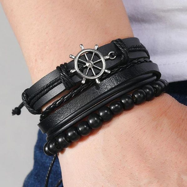 Charme Pulseiras Modyle 4 Pçs / Set Trançado Envoltório De Couro Para Homens Mulheres Vintage Contas De Madeira Étnica Tribal Pulseiras Pulseira Leme