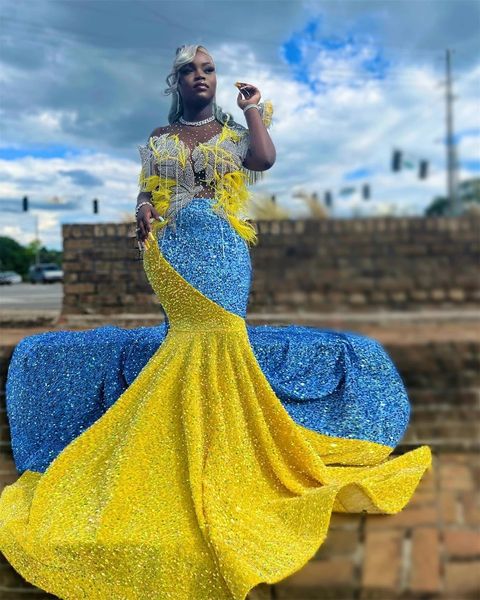 e blu giallo elegante paillettes sirena abiti da ballo ragazza nera con piume per abiti da festa di compleanno serali di San Valentino