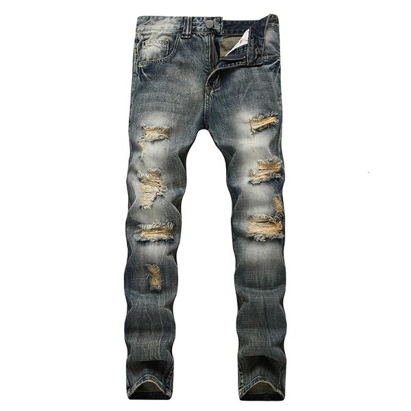 Streetwear Jeans da uomo Pantaloni di jeans strappati Foro rovinato Marchio Biker Toppa dritta di alta qualità Plus Size 40 42 240124