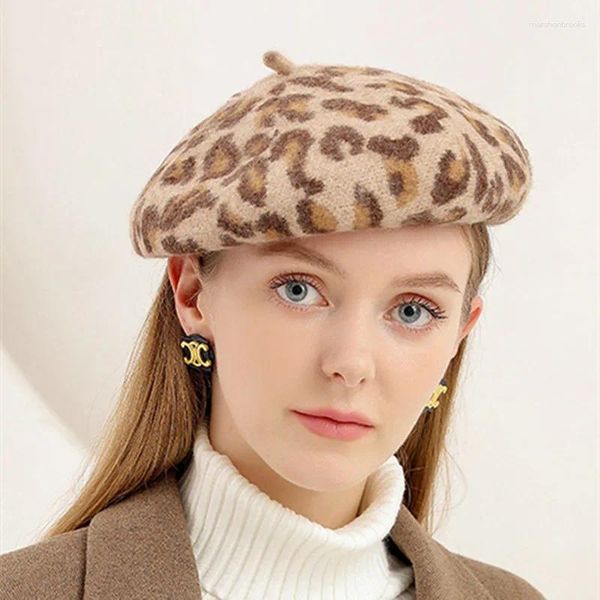 Berretti Ragazza retrò Modello leopardo Berretto Ottagonale Cappelli Artista francese Cappello di lana caldo Berretto invernale Vintage elegante da donna