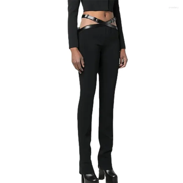 Kadın Pantolon 2024 Sonbahar Sokak Giyim Joggers Pantolon Deri Kemer Patchwork Mesh Siyah Kalem Kadınlar Yüksek Kalite