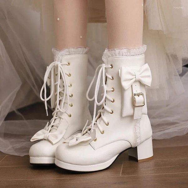 Botas 2024 outono jk lolita estilo cosplay tornozelo princesa cross-amarrado bowties botas casamento branco rosa sapatos meninas 7 8 10 13 14 17