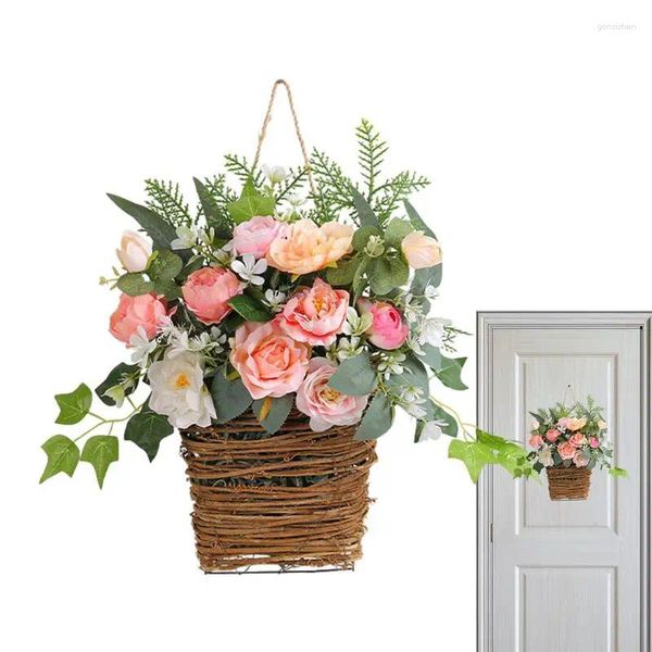 Flores decorativas porta da frente cesta de flores artificial primavera grinalda sinal de boas-vindas tecido de vime pendurável para janela balcon