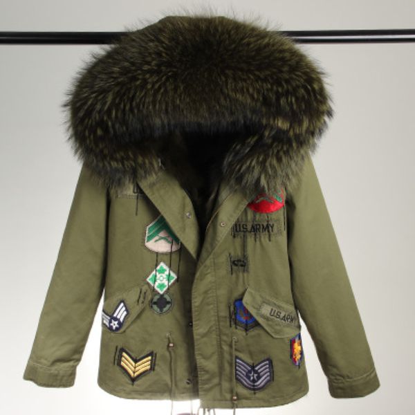 Nova marca feminina camuflagem jaqueta militar mini peles parkas forro real pele de raposa com capuz com pele de guaxinim