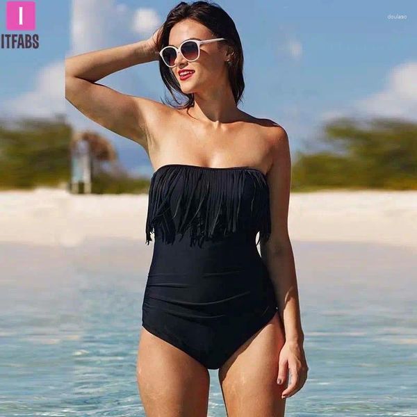 Damenbadebekleidung 2024 Plus Size Einteilige Anzüge Frauen Hohe Taille Quaste Schwarzer Badeanzug Bikinis Badeanzug Bandage Schwimmen 4XL