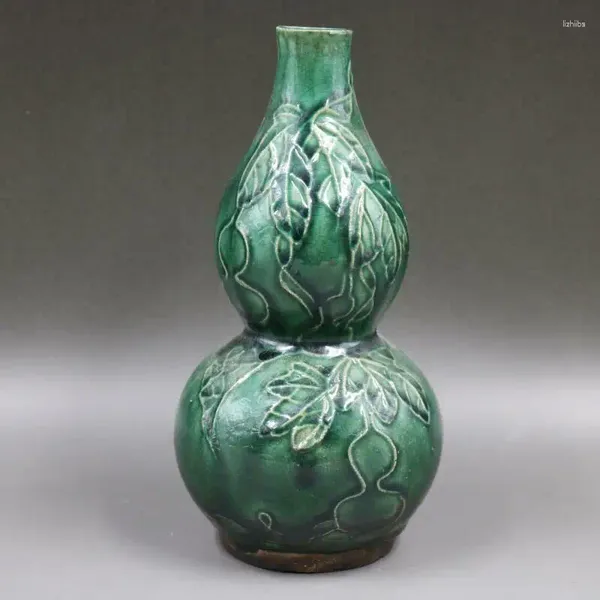 Garrafas estilo chinês porcelana rachada verde esmalte vaso em forma de cabaça 9,0 polegadas