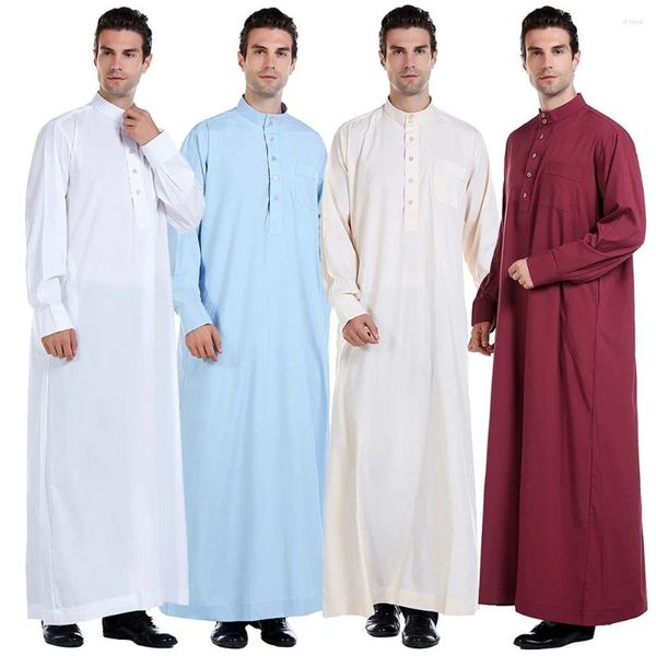 Abbigliamento etnico Abbigliamento da uomo musulmano Jubba Thobe Manica lunga Collo alto Veste Dubai Arabia Sciolto Casual Caftano Islamico Turchia Abaya Semplice Quotidiano