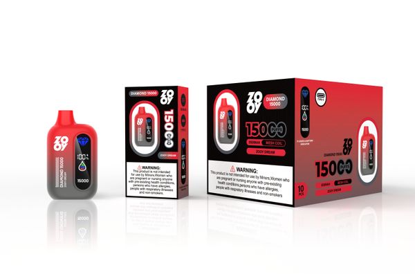 EU-Lager Zooy Diamond 15000 Einweg-Vape-Puff, 15 K, 650 mAh, wiederaufladbarer Akku, Luftstromkontrolle, 26 ml, vorgefüllter Wagen, Puffbars, Ausstellungsbox