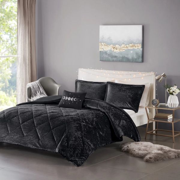 Home Essence Alyssa Diamond Quilted Black Velvet 4-teiliges Bettdeckenset, Full/Queen
