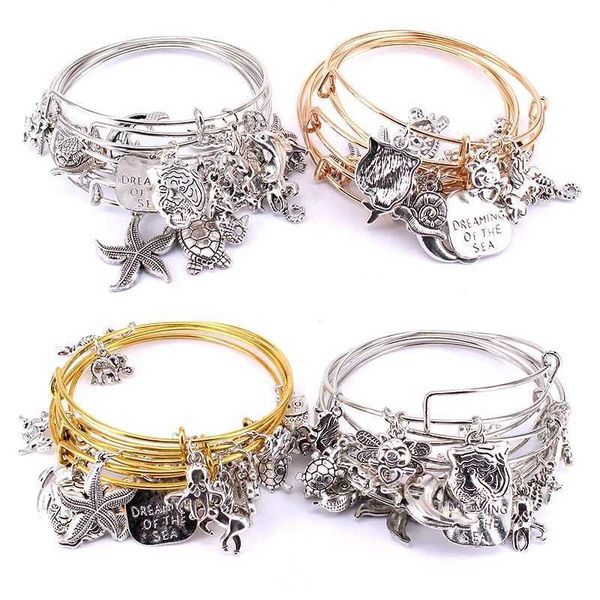 Braccialetto 5 pezzi Set di braccialetti di filo metallico per donne Ragazze Gioielli Misti Vita marina Stelle marine Delfino Tartaruga Braccialetti con ciondoli C039 240125