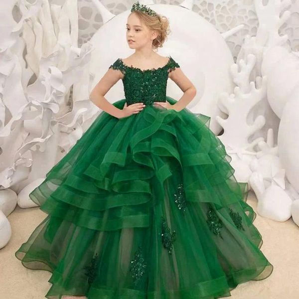 Abiti da ragazza Abito verde soffice in tulle con perline a strati Abito da sposa Elegante principessa dei fiori Prima celebrazione eucaristica