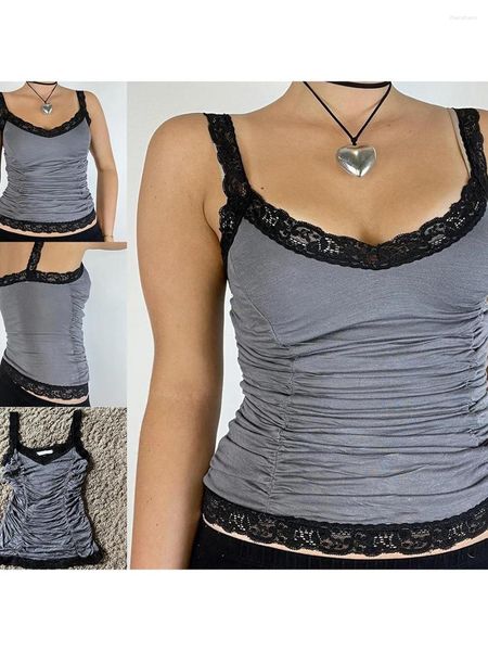 Tanques femininos Mulheres Camisole Sem Mangas Tops Backless Plissado Slim Fit Verão Lace Trim Top Vest