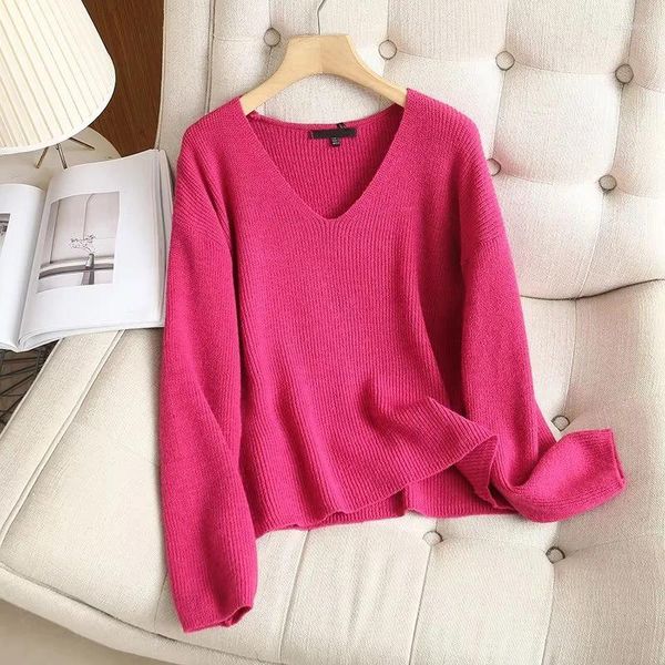 Maglioni da donna Autunno Donna Manica lunga scollo a V Maglione casual rosso rosa