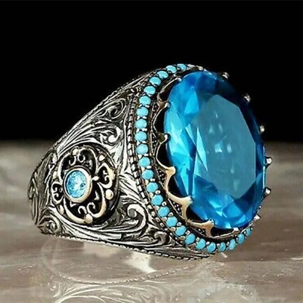 Винтажный панк -мужской палец 14 тыс. Кольца белого золота овальный синий большой камень для мужчин Женщины серебряные рисунки кольца кольца свадебные украшения