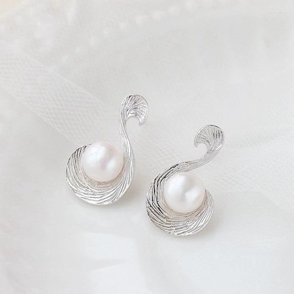 Orecchini a bottone Autentici orecchini da donna in argento sterling 925 intarsiati con perle d'acqua dolce naturali, regalo di gioielleria raffinata per la festa nuziale alla moda