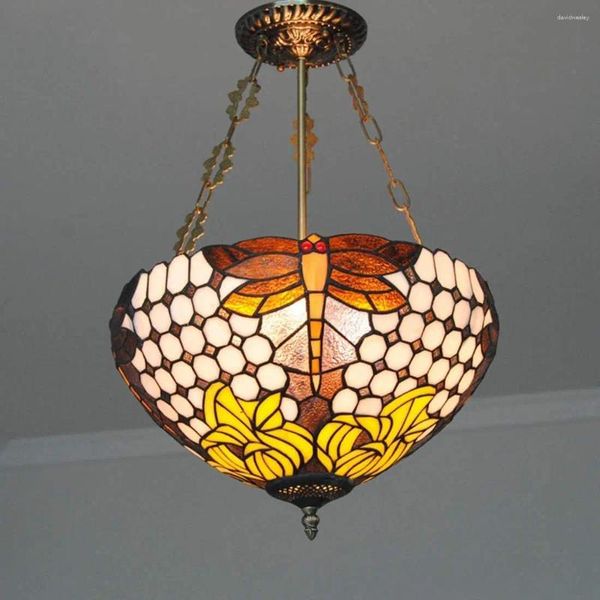 Kronleuchter Vintage Esszimmer Anhänger hängende Licht mit 16 Zoll Schatten Verstellbarer Buntglas Deckenlampenlampen für das Restaurant