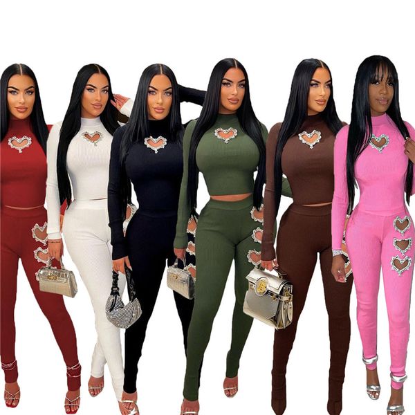 2024 Designer Primavera Tracksuits Duas peças Set Mulheres com nervuras Outfits Manga Longa Coração Diamantes Calças Sweatsuits Casual SolidWholesale Roupas 10560