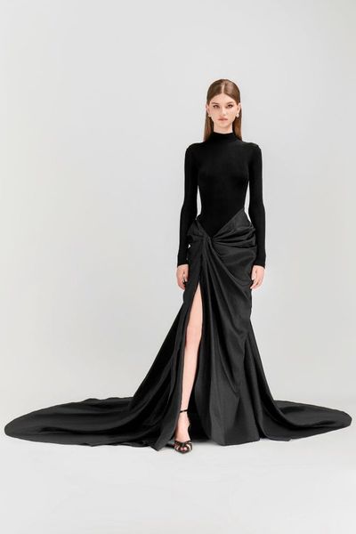 Винтажные длинные черные платья для выпускного вечера из спандекса со складками Русалка с высоким воротом из тафты со шлейфом и вечерним платьем Макси Вечерние платья для женщин