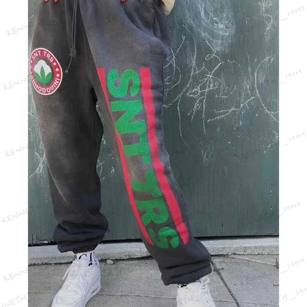 Herrenhose 23ss Saint Michael Dunkelgrau ssnttrs Vintage Crack Hoodie Crewneck Jogginghose übergroße gewaschene Retro Jogger Kordelzughose T240126