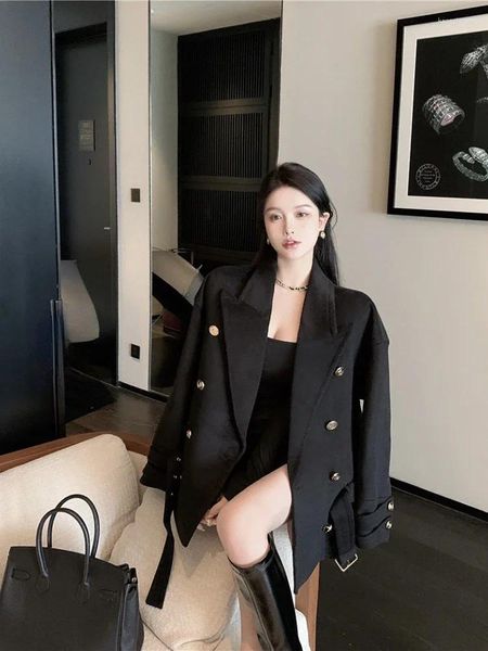 Ternos femininos insozkdg mulheres terno preto blazer jaqueta de escritório senhoras oversized moda botões duplos longo casaco solto formal casual outono